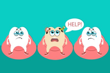 Vektör kavram resmi seyir dehşete hasta diş yardıma bakteri çürüğü ile iki ağlayan diş. EPS vektör çizim