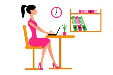 Ofis Yöneticisi. Pembe dizüstü bilgisayar ile çalışma başarılı Bayan grafik resmini. EPS vektör çizim