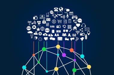 Vektör çizim simgesini bir bulut soyut daire küre üzerinde mavi arka plan ile bağlı. Online iş ve ağ. 