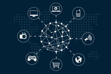 Internet ağ. Vektör çizim farklı elektronik cihazların birbirleri ile bir daire içinde bağlı. EPS vektör çizim