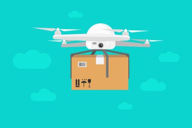 Uçan ve mavi gökyüzü kutusunda teslim beyaz dron vektör Illustration. EPS vektör çizim