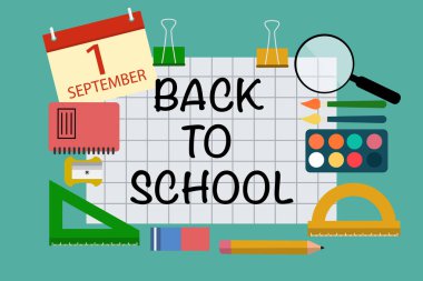 Eğitim. Vektör eps çizim kağıt ve farklı malzemeleri okul kelimeler arkasında.