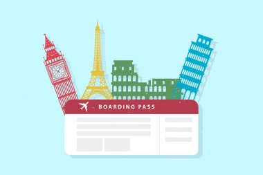 Kavram seyahat. Farklı dünya çapında simge ve pass yatılı uçak vektör Illustration. EPS vektör çizim