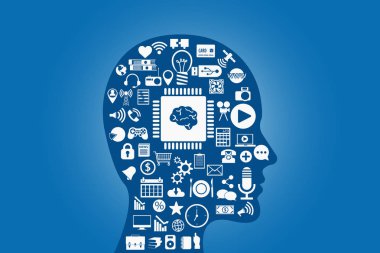 Farklı simgeler ve beyin Cpu ile insan silüeti üzerinde mavi arka plan izole. Bellek kavramı. Öğrenme anlayışı. Modern teknolojik çözümler. EPS vektör çizim