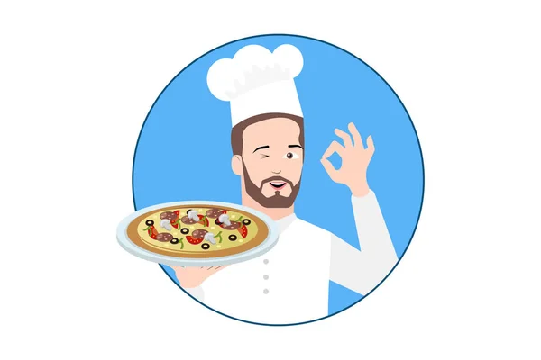 Vectorillustratie Van Chef Kok Bedrijf Heerlijke Pizza Tonen Gebaar Goed — Stockvector