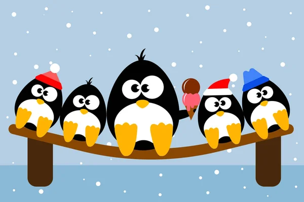 Maskotka Pięciu Ładny Pingwiny Znaków Ławce Zamrażanie Mając Zimno Jeden — Wektor stockowy