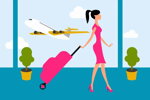 Ilustracja Wektorowa Eps Kobieta Różowej Sukience Chodzenie Walizką Lotnisko — Wektor stockowy