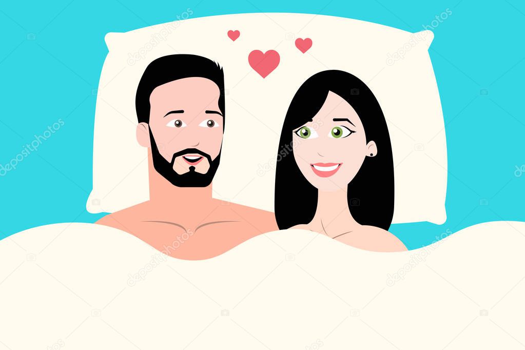 Couple in bed. Happy family, woman and man in bed red hearts between them. Marriage concept. Eps vector illustration.