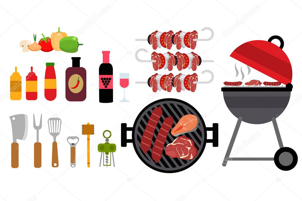 Different products, grill, and utensils for barbecue. Eps vector illustration