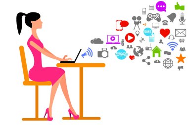 Laptop medya simgeler uçan ile oturan pembe elbiseli kadın. EPS vektör çizim