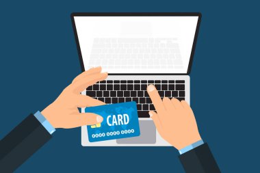 İşadamı kredi kartı dizüstü bilgisayarda yazarak ile elleri. Online alışveriş kavramı. EPS vektör çizim