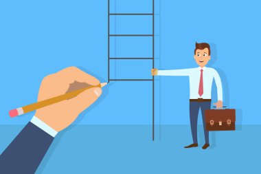 Merdiven büyük bir el tarafından çizilmiş için holding neşeli işadamı vektör Illustration. Fırsat yaratmak yardımcı takdirle buyurdu benim, şanslı adam kavramı