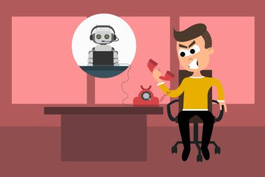 Yanıt veren makine ile telefonda konuşurken sinirli adam vektör Illustration. Kızgın bir robot insan kavramı yerine konuşma
