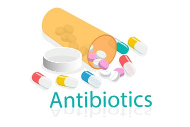 Antibiyotikler pills ile turuncu plastik kavanoz vektör çizim.