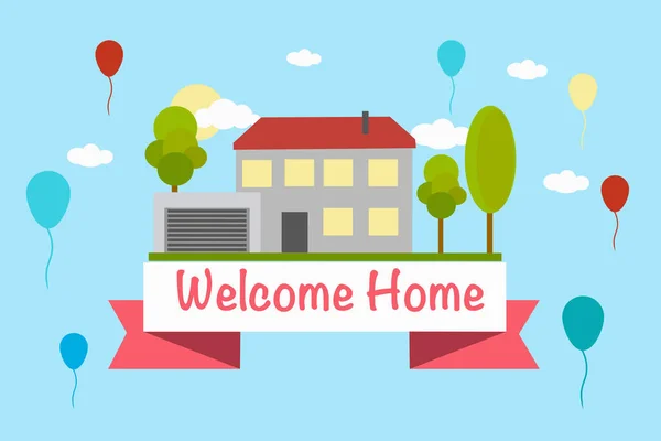 Σπίτι Welcome Home Κορδέλα Και Πολύχρωμα Μπαλόνια Νέο Concept Home — Διανυσματικό Αρχείο