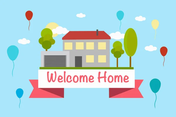 Casa Con Cinta Welcome Home Globos Colores Nuevo Hogar Concepto — Vector de stock