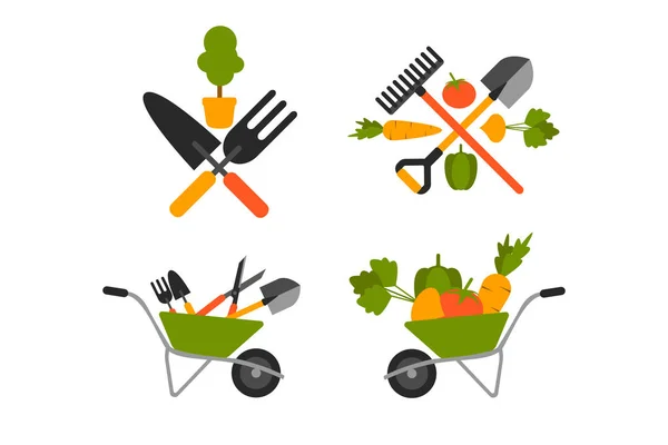 Different Gardening Tools Hand Cart Harvested Vegetables Garden Ware Set — Stock Vector