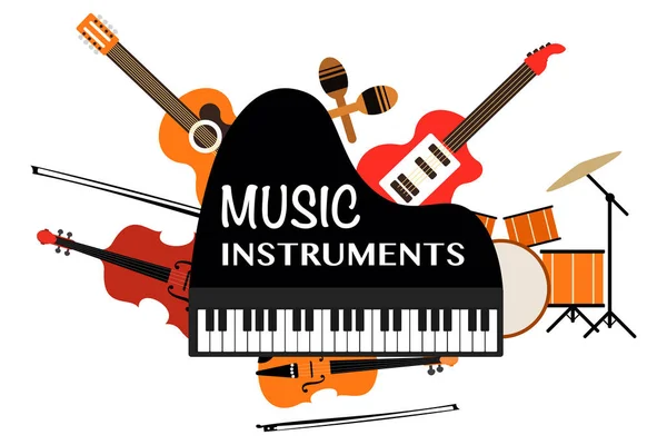 Müzik Aletleri Kelime Piyano Dize Aletleri Üstünde Müzik Araçları Seti — Stok Vektör