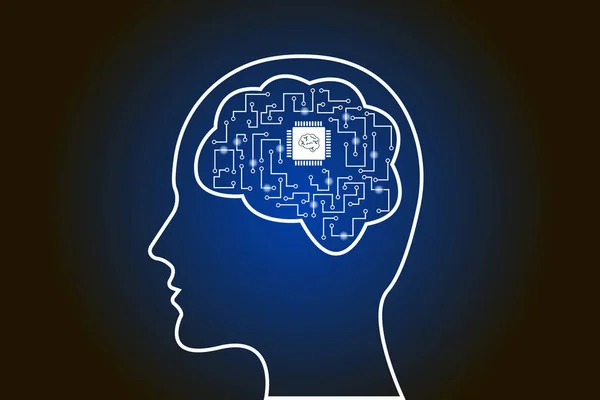 Cpu の頭の中の人のシルエットのベクター イラストです バイオニック記憶の概念 脳にマイクロ チップ メモリ フラッシュ フラット Eps — ストックベクタ