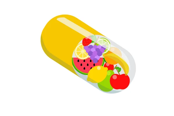 Vitamins Eps Vector Illustration Yellow Vitamin Capsule Assortment Fruits — Stock Vector