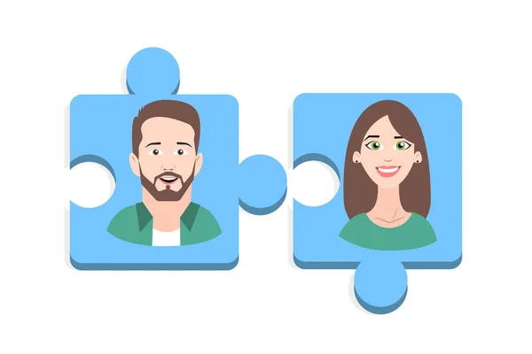 Family is the cell of the society. Eps vector illustration of blue puzzle pieces with happy man and woman on white background.