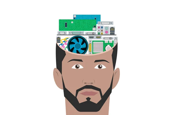 脳はスーパー コンピューター Cpu コンセプトとして取り組んでいます Eps のベクトルの分離の白い背景の中の別の パーツで男性の頭のイラスト — ストックベクタ