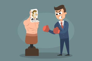 Vektör çizim öfkeli delme manken çanta patron yüzü olan adam. Nefret onun patron, stres kaldırma kavramının psychologycal terapisi. Düz eps tasarım.