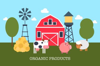 Çiftlik şirin hayvancılık ve organik üretim kelimeler vektör Illustration. Biyo çiftlik kavramı. EPS düz yatay görüntü.