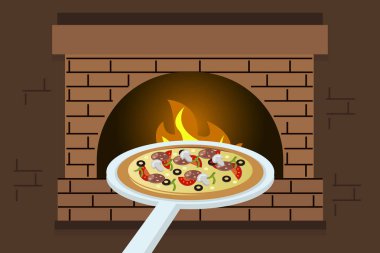 Tutucu tuğla fırınında koyarak pizza ile vektör Illustration. Pizza pişirme kavramı. EPS düz yatay görüntü.