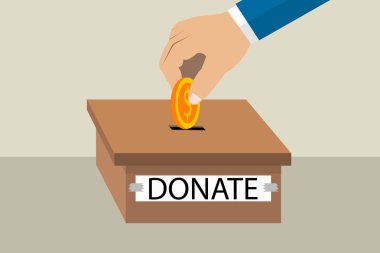 Kutusunu bağış kelime ile dolar para koyarak el çizimi vektör. Bağış, sadaka kavramı. EPS düz yatay görüntü.