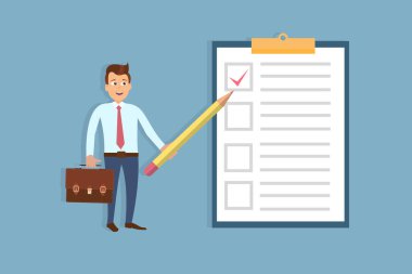 Kontrol listesine koymak çanta ile neşeli işadamı vektör Illustration. Senin gün kavramı planlama. EPS düz yatay görüntü.