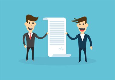 Belge üzerinde mavi arka plan tutan takım elbiseli iki neşeli işadamları vektör Illustration. Bir sözleşme iş ilişkisi kavramı altında çalışan bir sözleşme imzalama. EPS düz yatay görüntü.