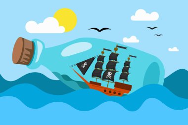 Cam şişe içinde deniz suda yüzen korsan gemi minyatür ile vektör Illustration. EPS vektör çizim, yatay imge