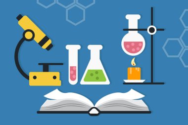 Oluşan laboratuvar araçları ve kitap ile kimyasal elementler resmi. EPS vektör çizim, yatay imge, düz tasarım