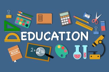 Düzenlenmiş okul kırtasiye ve word eğitim düzenleme vektör resmi. EPS vektör çizim, yatay imge, düz tasarım