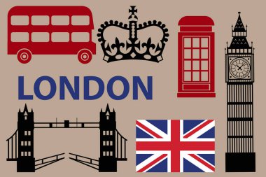 Büyük Britanya'nın sembolik görüntüler ve word Londra şablonu üzerinde bej Illustration. EPS vektör çizim, yatay imge, düz tasarım