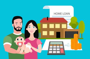 Kredi mortgage. Neşeli genç ailesi ile banka kredisi house için onaylanmış bebek. EPS vektör çizim, yatay imge, düz stil grafik tasarım.