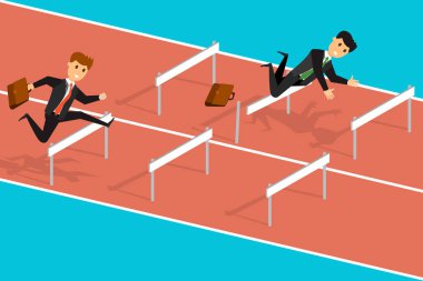 Rekabetçi iş adamları, iş köpekbalıkları. Vektör çizim bariyer yarış pisti başka bir işadamı ile rekabet üzerinde sıçrayan zaman düşen adam. EPS vektör çizim, yatay imge, düz stil grafik tasarım.