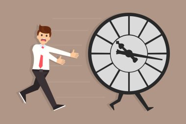 Concept image of man running after clock trying to catch time getting away. Running late of time with the project. Eps vector illustration, horizontal image, flat design. clipart