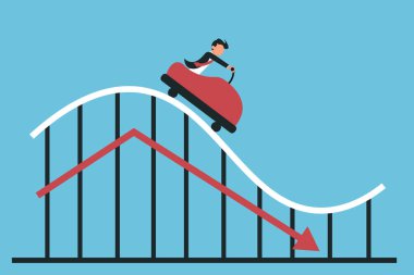 Rollercoaster azalan hat ve mavi ok ile diyagram üzerinde kişini düz tasarımı. İnişler ve çıkışlar sahip iş adamı. EPS vektör çizim, yatay imge, düz stil grafik tasarım.