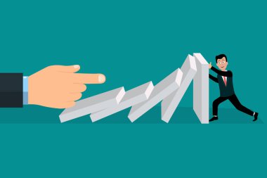 Son domino anonim yetkilisi tarafından neden duvarı karşı mücadele tutan adam düz tasarımı. İş engeller. EPS vektör çizim, yatay imge, düz stil grafik tasarım.