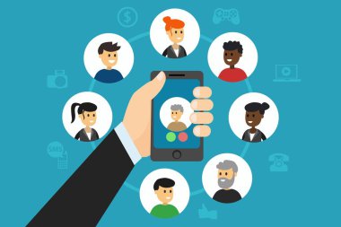 EPS vektör çizimi kırpma el smartphone ile kutsal kişilerin resmi insan izole üzerinde mavi arka plan iletişim sosyal medya ağı içinde tutarak. Teknoloji ve sanal iletişim kavramı.