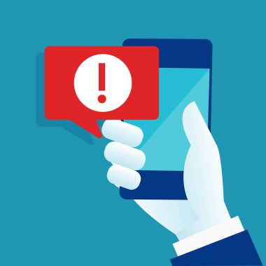 Kötü amaçlı yazılım bildirim veya cep telefonu mavi arka plan üzerinde hata kavramı. Dikkat mesaj kabarcık smartphone içinde. Kırmızı uyarı uyarı spam veri güvensiz bağlantı aldatmaca şunun. Vektör çizim.