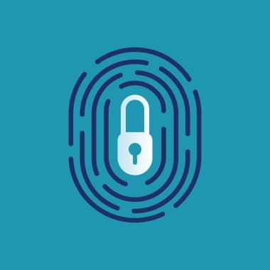 Parmak izi döngü içinde kilit işareti simgesiyle. Kişisel verilerin gizlilik koruma kavramı kavramı. App güvenlik. EPS 10 vektör çizim, yatay imge, Minimalist beyaz mavi düz modern tasarım.