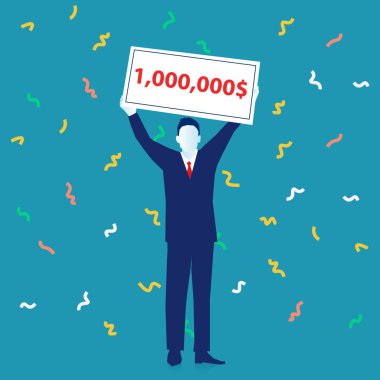 Kazanan, başarılı bir iş. Mutlu adam resmi kıyafetli bir banka onay için bir milyon dolar tutuyor. Piyango kazanç kavramı. EPS 10 vektör çizim, yatay Minimalist beyaz mavi kırmızı düz stil