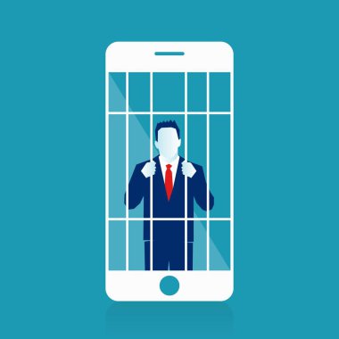 Cep telefonu mahkum. Cep telefonu için bağımlısı. Yeni teknoloji tarafından esir tehlikesi simgeleyen bir mutsuz karakter mahkum--dan onun akıllı telefon mobil, Illustration. EPS vektör çizim.