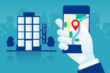 Tasarım kavramı otel arama ve online rezervasyon. Ayrıntılı otel binası, akıllı telefon ve rezervasyon uygulama arabirimi Eps 10 vektör çizim yatay Minimalist düz stil tutan el