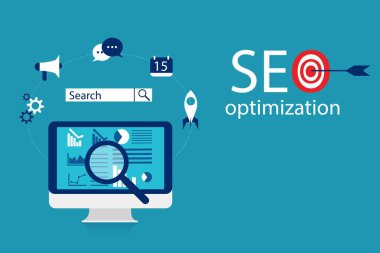 Düz resimde web analytics tasarımı, Seo optimizasyon. EPS 10 vektör çizim, Minimalist beyaz mavi düz iş tarzı modern tasarım.