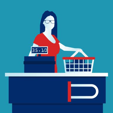 Süpermarket mağaza sayaç Resepsiyon ekipman ve katip Tekdüzen zil üzerinde mavi arka plan izole bakkal alımları kadar içinde. EPS 10 vektör çizim, yatay Minimalist beyaz mavi düz modern tarzı