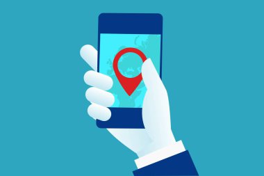 Harita ve marker ile telefon tutarak kolum. Cep telefonu gps navigasyon ve izleme genel kavram. Web siteleri, afiş için düz vektör karikatür çizim. Konum izleme app dokunmatik ekran smartphone cep telefonu ile. EPS 10.